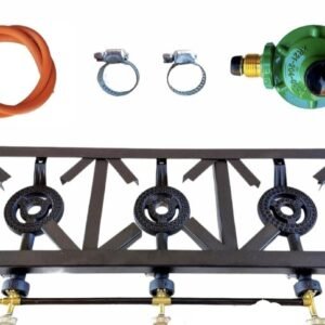 Triple‑burner portable gas stove kit (with accessories).