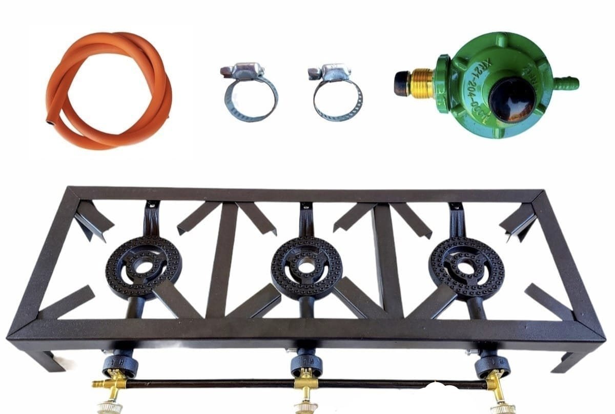 Triple‑burner portable gas stove kit (with accessories).